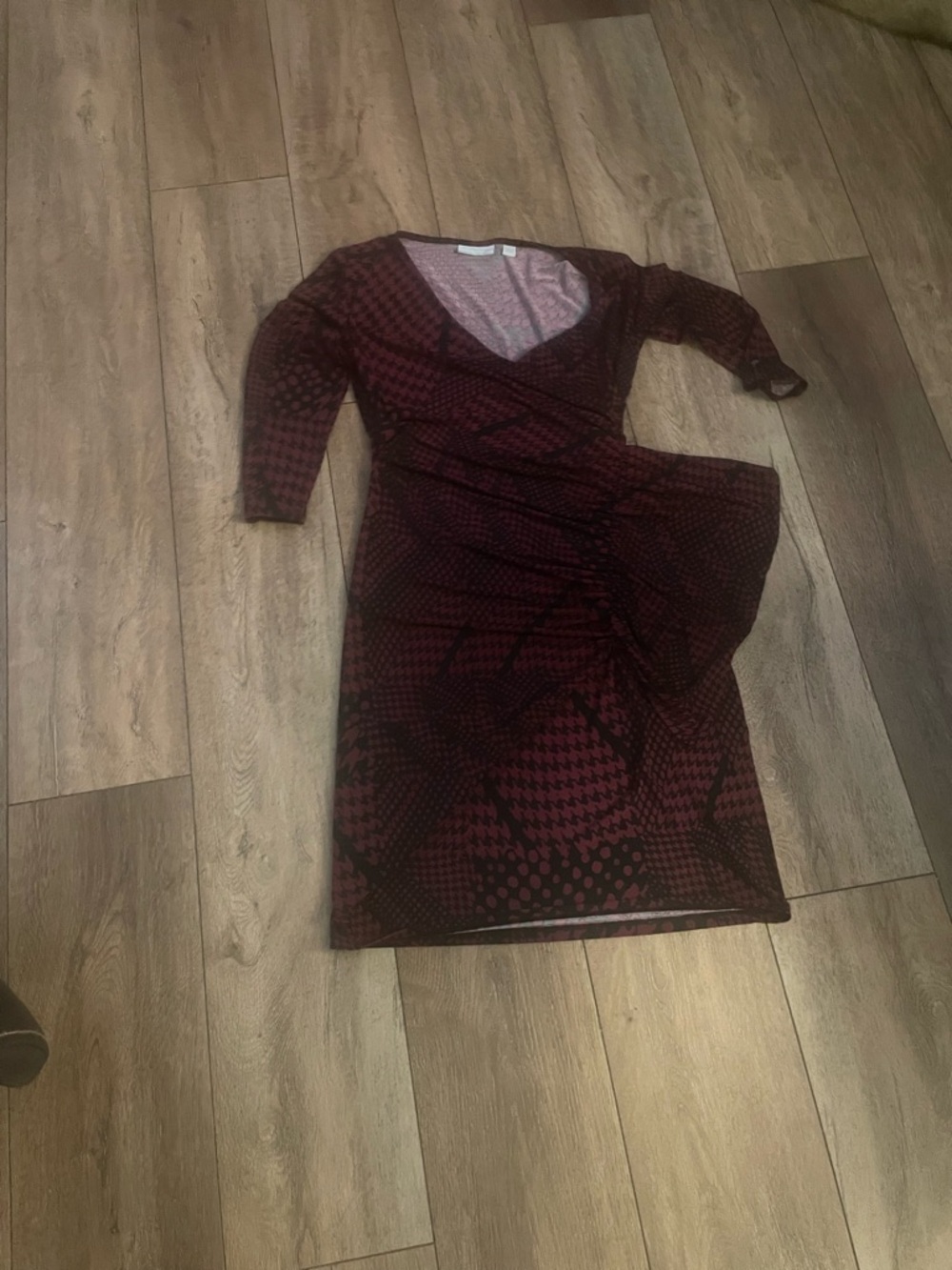 New York & Company Burgundy and Black Patterned Midi Wrap Dress